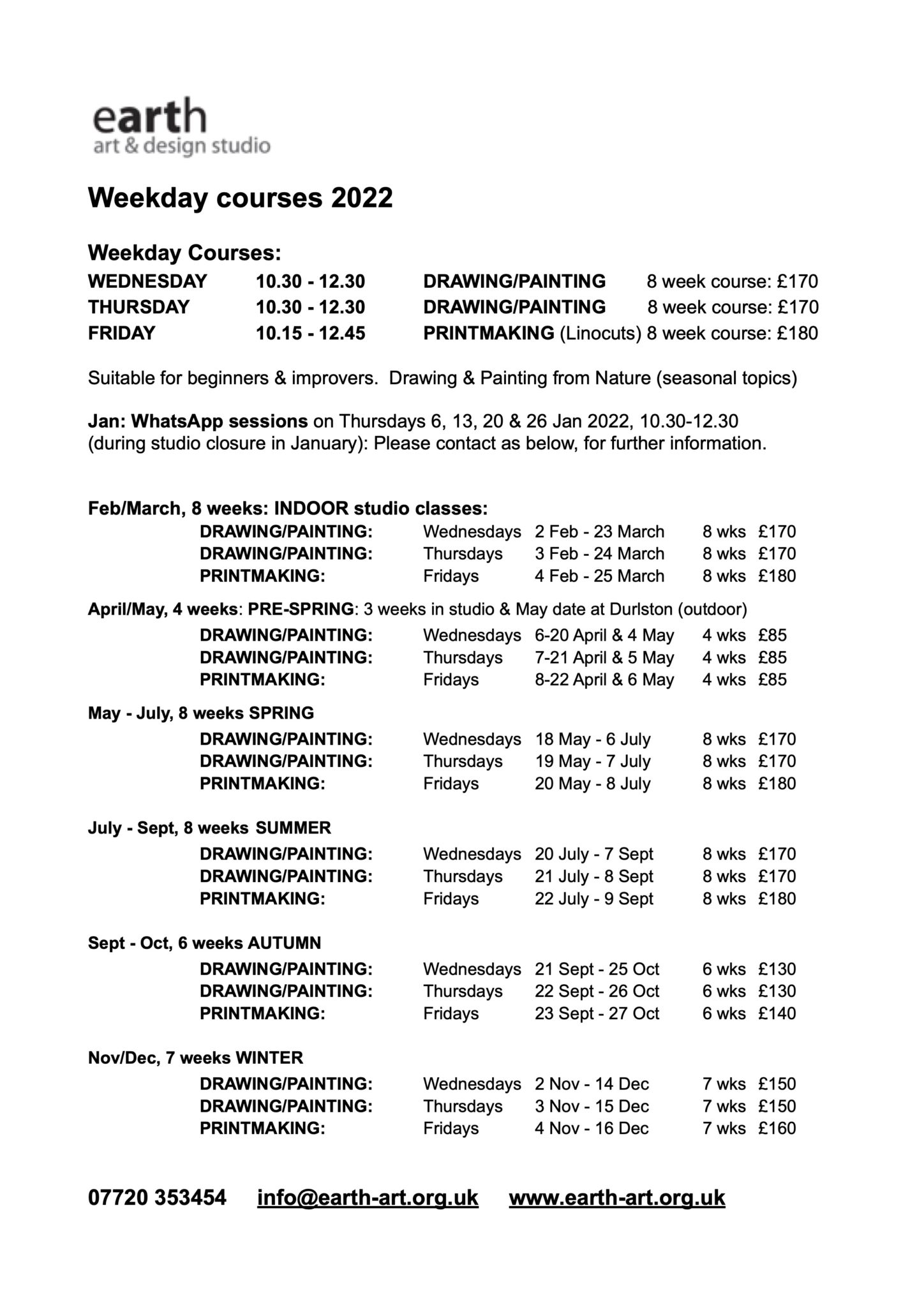 COURSE DATES 2022 Full Year Earth art